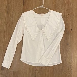 White ruffle collar womens button up blouse
